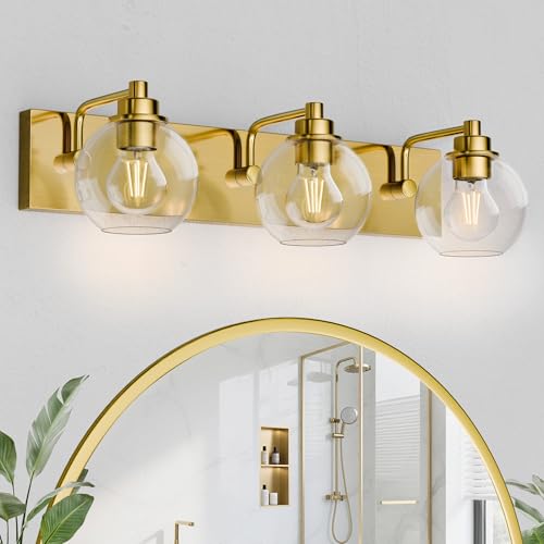 Image of 3 Light Bathroom Light Fixtures-Brushed Gold Bathroom Vanity Lights, Modern Vanity Lights 3-Light Bathroom Lighting Fixtures Over Mirror with Clear Glass Globe Shade