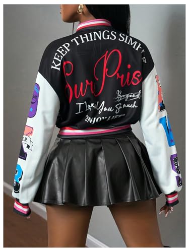 WDIRARA Women's Graphic Button Down Cropped Jacket Baseball Bomber Jacket Streetwear3