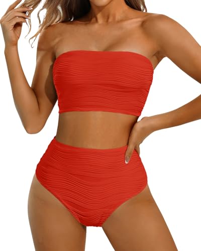 Image of High Waisted Bandeau Bikini Set - Women Strapless Two Piece Swimsuits Ribbed Longline Full Coverage Bathing Suits Swimwear