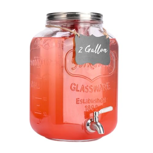 2 Gallon Glass Drink Dispenser For Parties,Beverage Dispenser,Lemonade Dispenser with 18/8 Stainless Steel Spigot Leakproof for Sun Tea, Picnic,Homemade Juice