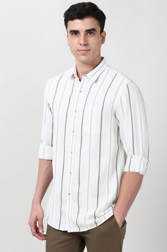 Image of Peter England Men's Linen Blend Shirt | Subtle Stripes | Full Sleeves