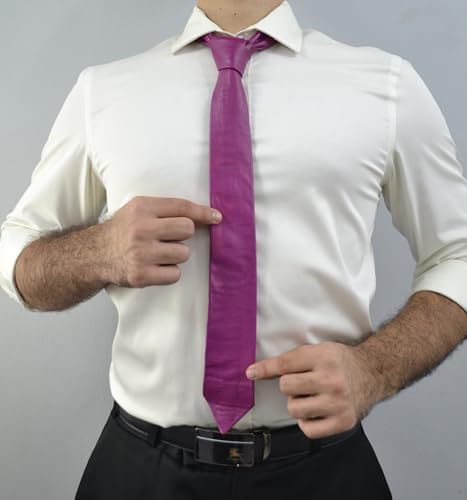 Image of Mens Lamb Leather Necktie - Skinny Solid Casual Business Wear Narrow Leather Slim Tie- Neckties for Party Wedding Gift