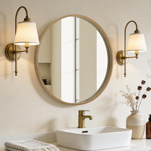 Image of WallBeyond Round Mirror with Wood Frame, 28 inch Circle Modern Decoration Large Home Decor Mirror for Bathroom Living Room Bedroom Entryway (28 inch Diameter, Natural Wood)