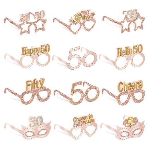 Guiruiy 24PCS 50th Birthday Paper Eyeglasses Decorations for Women, Pink Rose Gold Happy 50th Birthday Eyeglasses Party Supplies, Funny Fifty Year Old Birthday Glasses Photo Props Decor