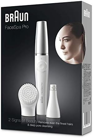Braun FaceSpa Pro Beauty zestaw z depilatorem do twarzy dla kobiet, szczotka do oczyszczania twarzy, nasadka, usuwanie włosów i czyszczenie, prezent dla kobiet, SE910, biały/srebrny