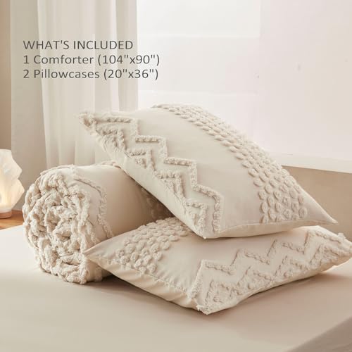 Image of Luxudecor Beige Tufted Comforter Set King Size 3 Pieces Boho Shabby Chic Comforter Farmhouse Embroidery Bed Set Soft Comforter for All Seasons (Beige, 104''x90'')