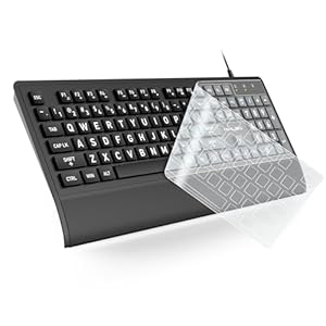 Large Print Computer Keyboard, Corded USB Full Size Wired Keyboard with Cover,Wrist Rest,Oversized Key Letters for Visually Impaired Low Vision Individuals Easy to See and Type for Laptop,PC, Windows