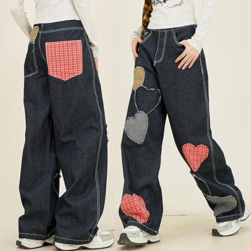 Womens Fashion Y2K Low Rise Wide Leg Jeans Vintage Casual Loose Straight Cute Heart Patch Denim Pants3