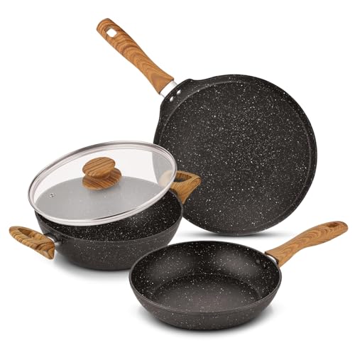 Image of Bergner Ivory Black Granite Non-Stick 4 Pcs Cookware Set - 24cm (2.5L) Kadai with Glass Lid, 24cm Frypan, 28cm Dosa Tawa, Forged Aluminium, Soft Touch Handle, PFOA Free, Induction and Gas Stove Ready