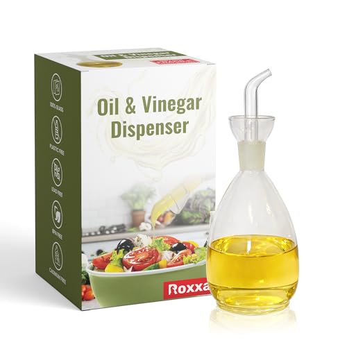 Roxxa Oil and Vinegar Dispenser, Glass Bottle Cruet with Pourer and Funnel in a special protected case, Drip Free, Dishwasher Safe Olive Oil Pot, Carafe, Decanter for Kitchen, 13.5 oz / 400 ml