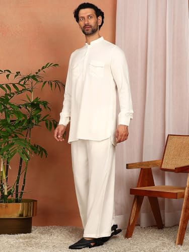 Image of See Designs Men's Full Sleeve Mandarin Collar Viscose Rayon Solid Pathani Set