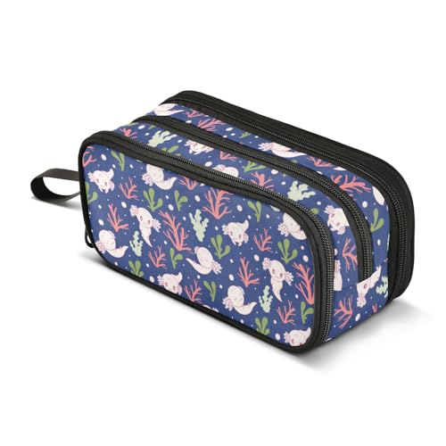 Image of Cute Axolotl Salamander Pencil Case Big Capacity Handheld 3 Compartments Pencil Pouch Portable Large Storage Canvas Pencil Bag for Boys Girls Adults Students