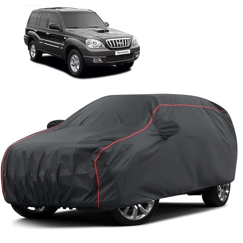 Image of Sulfar 100% Water Resistant Car Body Cover Compatible with Mirror for Hyundai Terracan (Triple Stitched, Full Bottom Elastic, Dark Grey Taffeta with Red Piping)