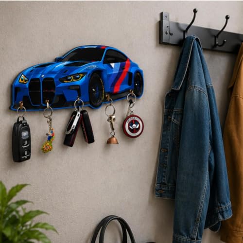 Image of Webelkart MDF UV Printed Key Holder for Wall with 5 Hooks - Decorative Wooden Key Hanger Organizer for Home, Office, Entryway - Wall Mounted Key Stand (12 INCHES) (Blue)