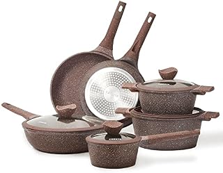 Carote Granite Nonstick Cookware Sets, 10 Pcs Pots and Pans Set Nonstick, Healthy Non Stick Induction Stone Cookware Kitchen Cooking Set w/ Frying Pans & Saucepan, PFOS, PFOA Free (Brown Granite)