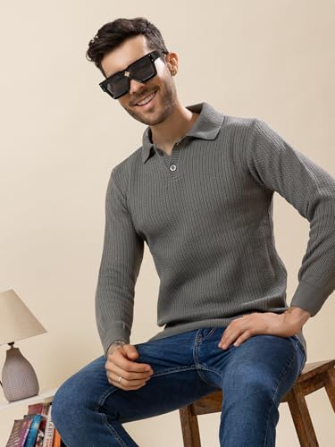 Image of TYSORT Men's Knitted Polo Sweater Casual Full Sleeve Pullover Sweater with Button Collar
