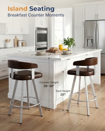 Image of FORSPARK 26 inch Swivel Counter Height Barstool, 350 lbs Capacity Bar Stools | 360 Rotation, Easy to Assemble, Wide Foam Seat, Solid Wood Backrest, Heavy Weight for Kitchen Dining Cafe, Coffee & Sliver