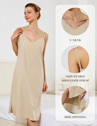 Image of Women Dress Slips for Under Dresses 100% Cotton Full Slip with Adjustable Spaghetti Strap V Neck