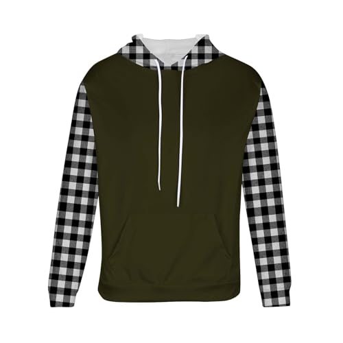 Patchwork Plaid Hooded Pullover Men Casual Long Sleeve Loose Sweatshirt With Pocket Fleece Fall Winter Warm Hoody Tops4