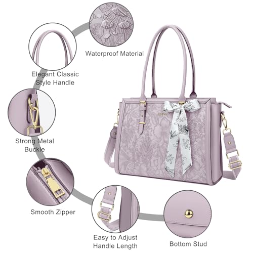 Image of MOSISO Laptop Bag for Women, PU Leather Tote Bag, Front Embossed Retro Hibiscus Computer Bags with Silk Scarf&Clutch Purse