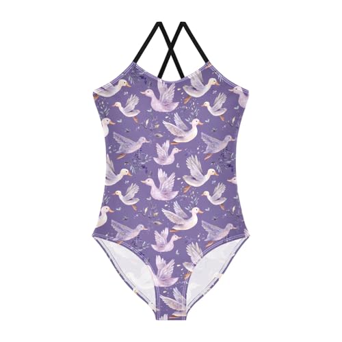 senya Girls Swimsuits One-Piece Swimwear Tie Bathing Suit Beach Summer Round Neck 5-6T Duck Purple Background Pattern