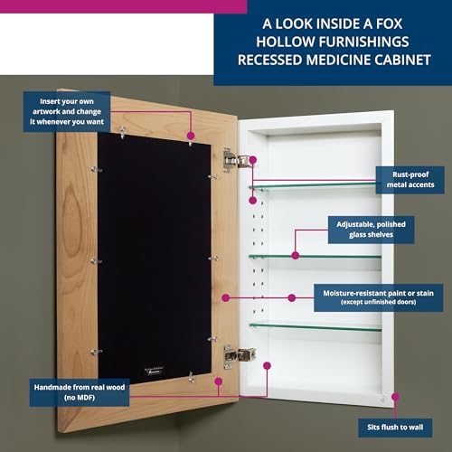 Image of 14x24 Concealed Picture Frame Medicine Cabinet without Mirror for Bathroom, Recessed in the Wall, Made in North America, Real Wood, NO MDF, Adjustable Shelves, Unfinished Flat