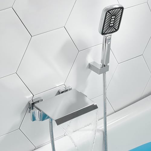 Mitigeur de douche mural carré cascade robinet baignoire chrome avec douchette
