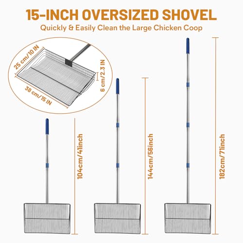 Image of 15 Inch Large Chicken Poop Scooper,4 in 1 Adjustable Chicken Coop Scoop, (25 to 71 inch) Adjustable Stainless Steel Handle Chicken coop Rake and Pair of Non-Slip Gloves, Chicken Coop Accessories