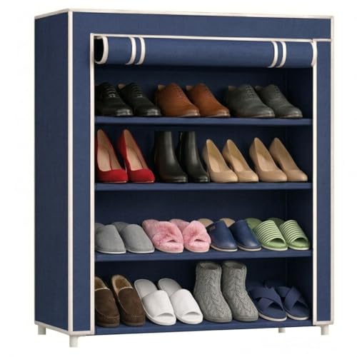 Image of EASY BUY 4 Shelves Shoe Rack Plastic Blue with Zip Door Cover & Side Pockets, Multiuse Storage Rack for Footwear, Toys, Clothes with Dustproof Cover 4 Shelves