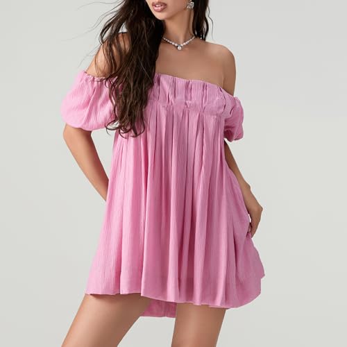 Image of Women Y2k Puff Sleeve Babydoll Dresses Square Neck Tie Back Mini Dress Summer Solid Off Shoulder Flowy Sundress