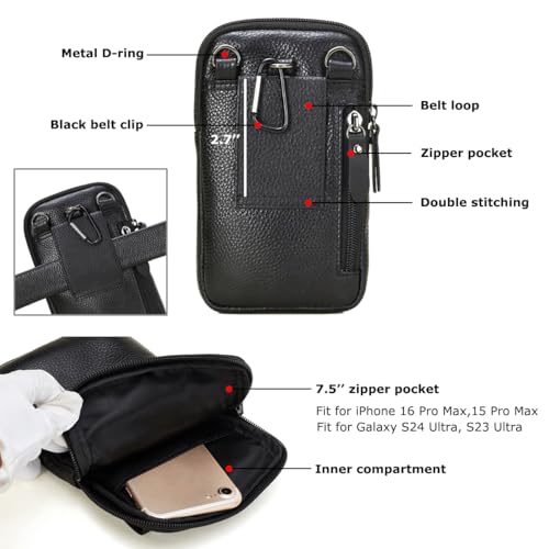 VIIGER Leather Cell Phone Shoulder Holster Compatible with iPhone 17 Pro Max 16 Pro Max Galaxy S25 Ultra Large Multi-Pocket Crossbody Phone Bag Smartphone Pouch with Belt Loop Clip for Women, Black