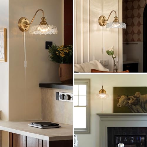 Image of HDDFL Vintage Plug in Wall Scone Bedside Wall Lamp Plug Corded Matte Brass Bedroom Light Fixtures in Door Lighting Fixture for Living Room Hallway Corridor