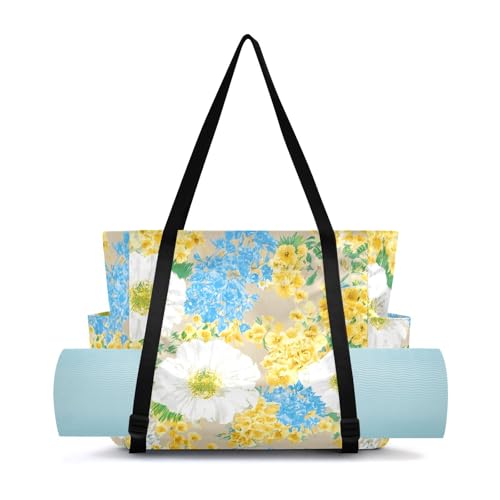 Lxqimora Flowers Colorful Warm Beige Yoga Mat Bag for Women Water-Resistant Gym Bag with Yoga Mat Holder Tote Bag for Office Gym Travel Yoga