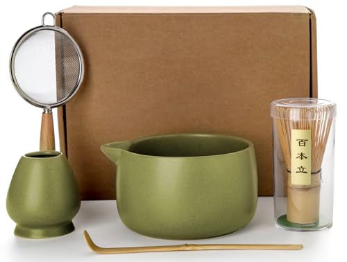 20OZ Matcha Whisk Set – 5PCS Japanese Tea Set Consists of Matcha Bowl with Spout, Bamboo Whisk with Ceramic Holder, Bamboo Scoop and Sifter, Matcha Package for Ceremony, Reward for Matcha Lovers (Matcha Inexperienced)