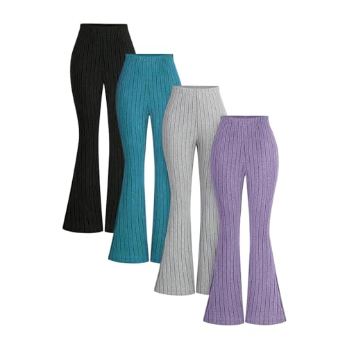 4-Pack Girls Ribbed Flare Leggings Bootcut High Waisted Full Length Bell Bottoms Cute Yoga Pants for 8-13 Years