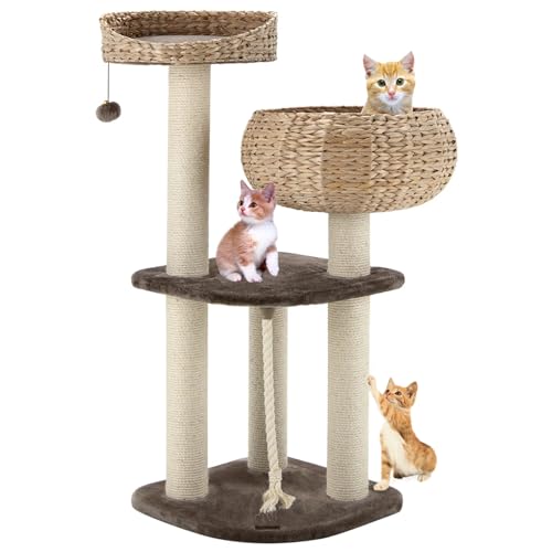 DREAMADE 41 Inches Wicker Cat Tree, Modern Cat Tower with Handwoven Cat Condo & Perch, Scratching Post, Dangling Balls and Sisal Rope, Indoor Cat Tree Tower for Large Adult Cats 20 Lbs