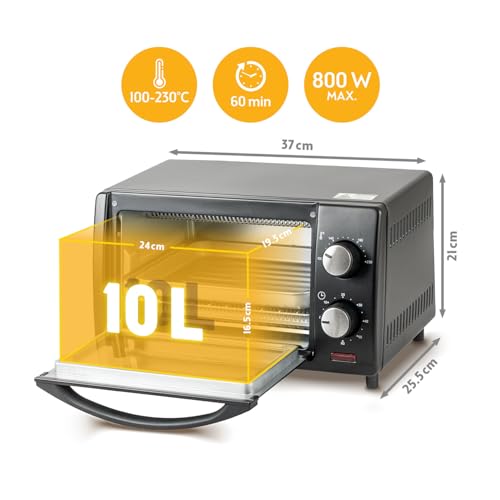 TZS First Austria - Minibackofen 10L 800W - Mini Backofen stufenlose Temperaturregelung bis 230°C - Miniofen 60 Min. Timer, 2 Einschubhöhen, Backblech & Grillrost - Für kleine Küchen & Camping – Bild 2