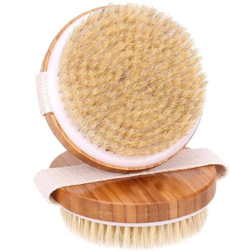 MOMENT Bamboo Dry Body Brushes Exfoliating Wet and Dry Brushing Dual Use Dry Brush for Cellulite and Lymphatic Body Scrubber with Soft and Stiff Bristles Deep Cleaning Shower Brush Round