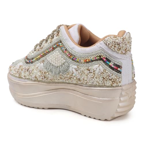 Image of LENSBURY Women Hand Embroidery Wedding Party Bridal Floral High Heel Sneakers I Cushioned Insole I Comfortable Wear Wedge Shoes I for Ladies and Girls LBCNV4037