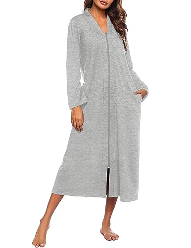 Ekouaer Women Zipper Robe Long Sleeve Loungewear Lightweight Housecoat Full Length Nightgown with Pockets