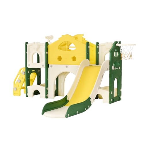 Tobogán infantil 7 en 1 Tobogán interior y exterior infantil con zona de juegos, cesta de baloncesto y túnel, escaleras y marco de escalada independiente para bebé (7 en 1 amarillo)