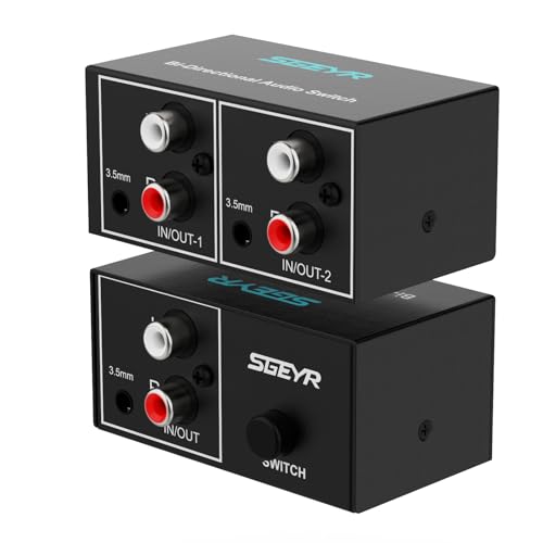 3.5mm Aux + RCA L/R Bi-Directional Stereo Audio Switch 2 in 1 Out A/B Analog Audio Switcher Selector,SGEYR Black Metal Case