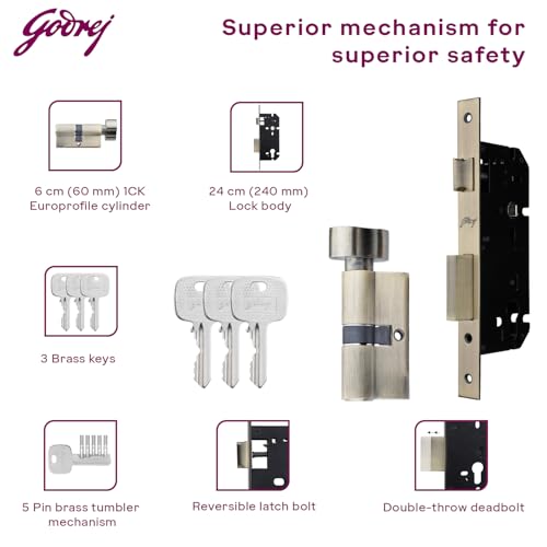 Image of Godrej Mortise Lock | Handle Lock Set | Calla Rossette Home Decor Handle | Matte Black Nickel Finish | 240 mm Lockbody | Eco Pin Cylinder 60 mm Knob from Inside and with 3 Keys|5 Years Warranty