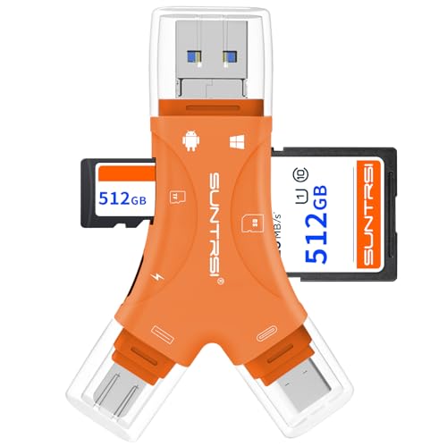 Image of SUNTRSI SD Card Reader for iPhone /ipad /Android /Mac /Computer /Camera,4 in1 Micro SD Card Reader Trail Camera Viewer, Portable Memory Card Reader SD Card Adapter for SD and TF Cards (Orange)