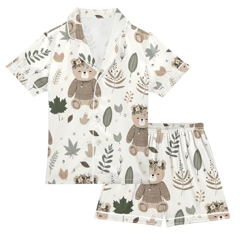 ALAZA Boho Bear Leaf Blossom Pajamas Satin Pajama Set Short Sleeve Button Down Sleepwear