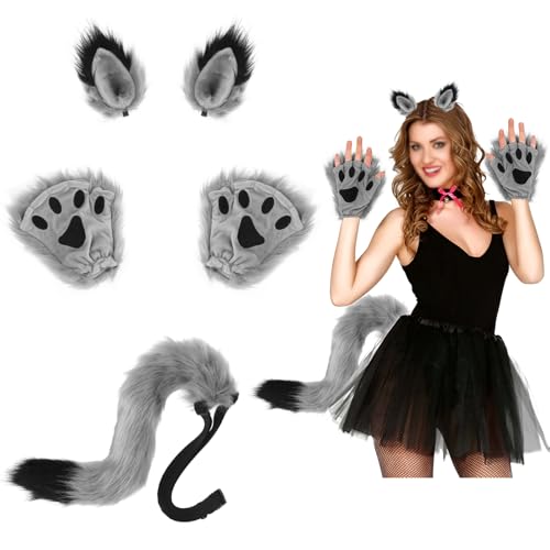 Kinsinder 5 peças fatos de role, fatos de cauda de orelha animal Fox Wolf fatos cauda orelha animal, fatos festa Natal Halloween orelha lobo raposa fatos brinquedos para adultos (cinzento)
