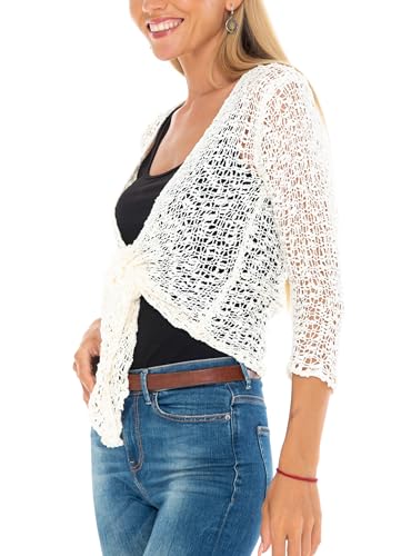 SHU-SHI Womens Cropped Cardigan Tie Front Knit Shrug Summer Open Weave Hollow Out Sweater3