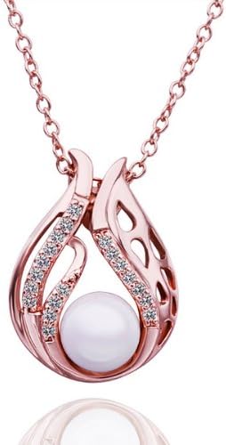 18K Rose Gold Plated Pearl Centered Filigree Floral Bulb Teardrop Pendant Necklace