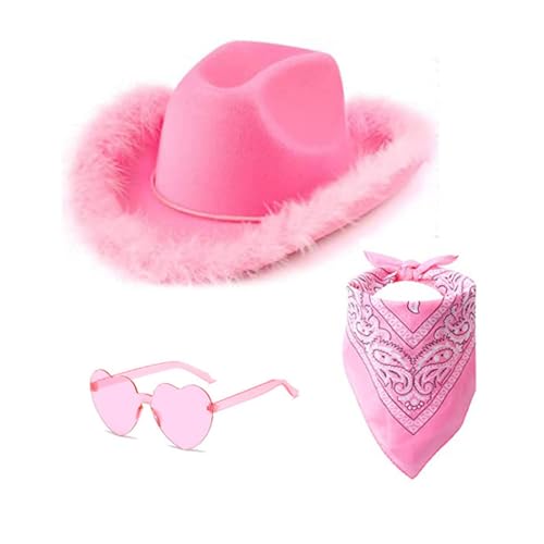 hehiy Pinker Cowboyhut für Damen, Filz-Western-Cowboyhut mit Halsband, Krone, rosa Cowgirl-Hut, Cosplay-Party-Kostüm-Zubehör, Spielverkleiden für Frauen KostüM Cowgirl KostüM Cowgirl MäDchen