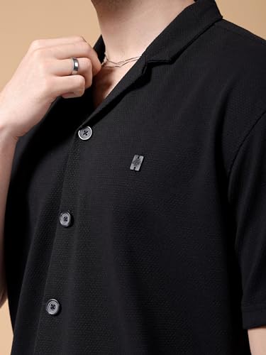 Image of The Indian Garage Co Men Polycotton Relaxed Fit Self Design Half Sleeves Cuban Collar Street Wear Shirt